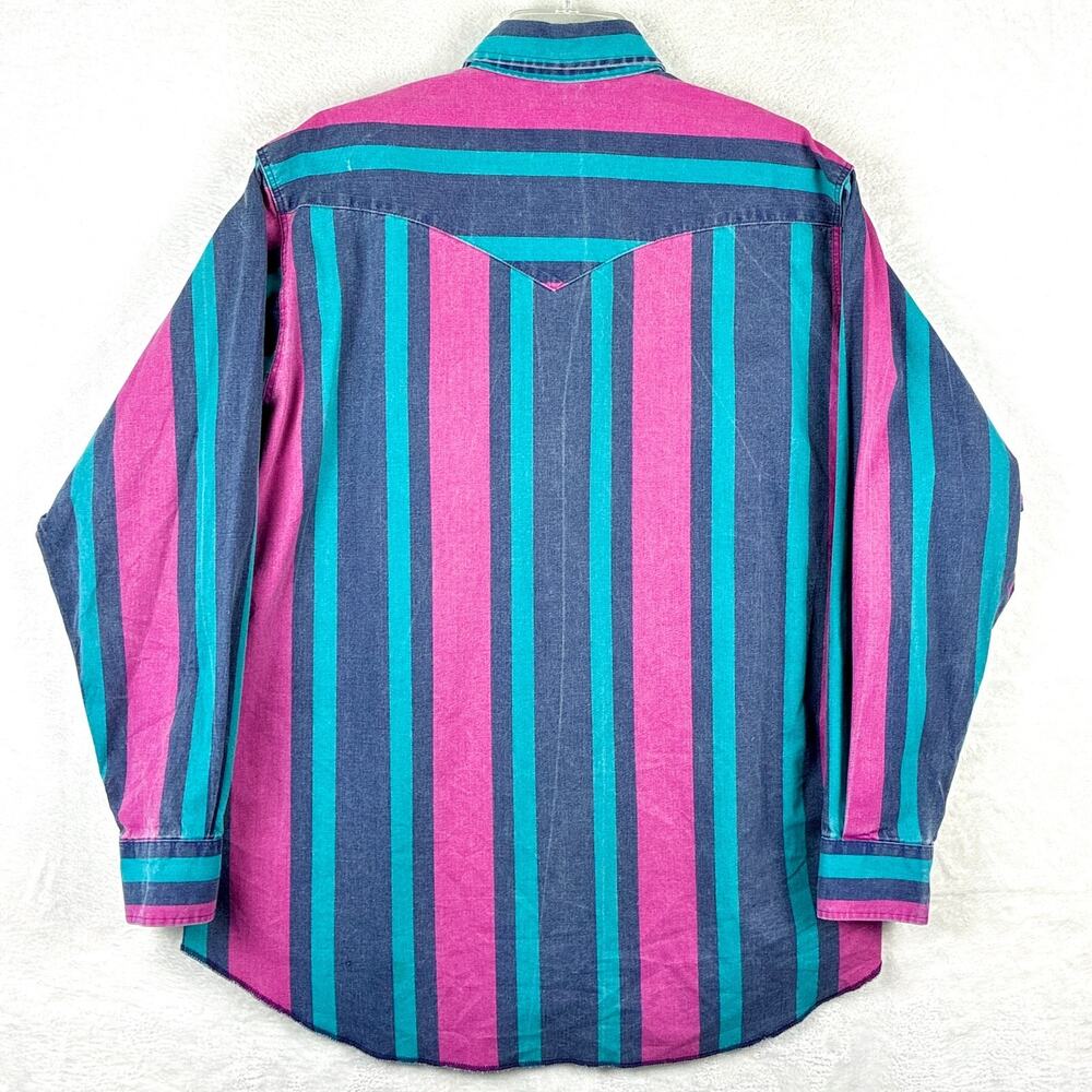 VTG Wrangler Brushpopper Shirt Men XL 17-35 Blue Pink Green Striped Cowboy USA - Picture 5 of 13
